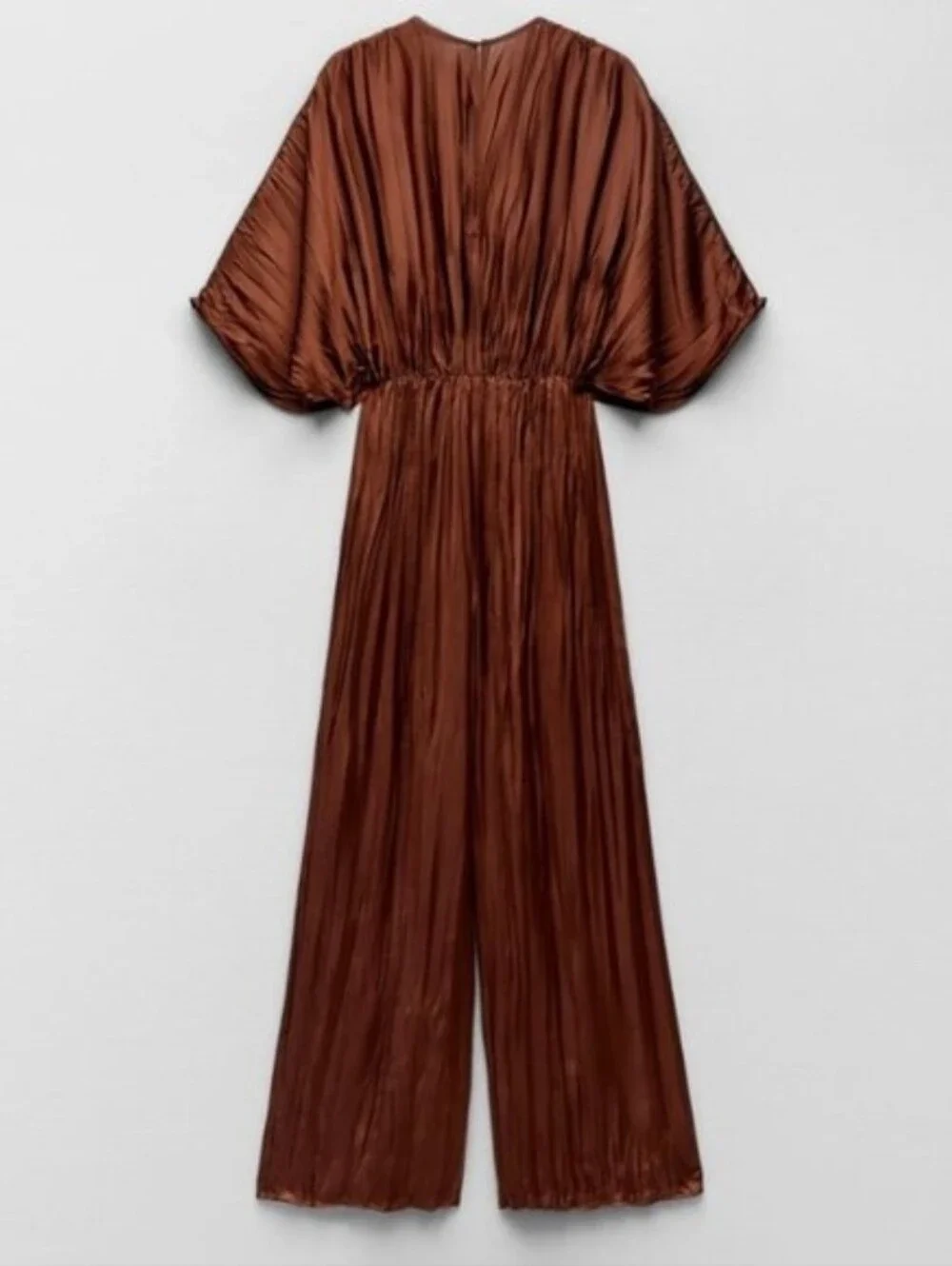 Zara - Rust Brown / Copper Pleated Wide-Leg Jumpsuit with Ring Detail